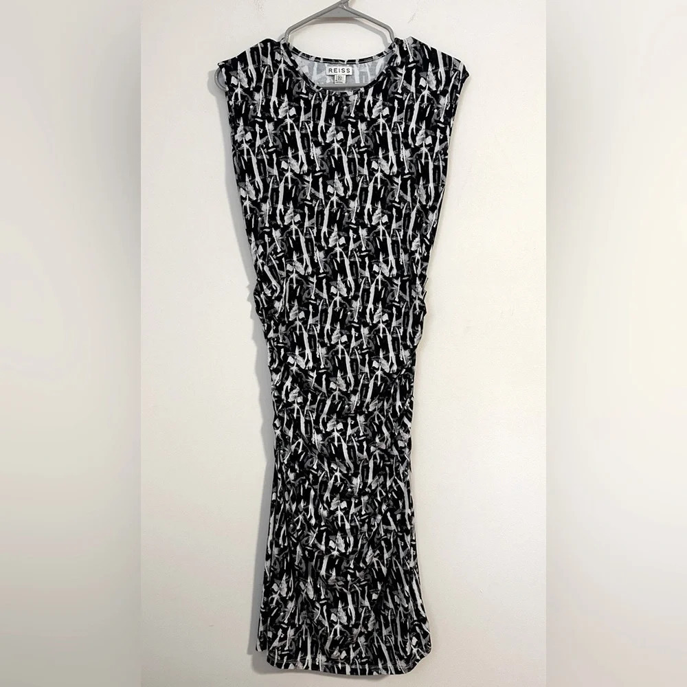 REISS vintage ivory gray black printed midi bodycon dress ruched